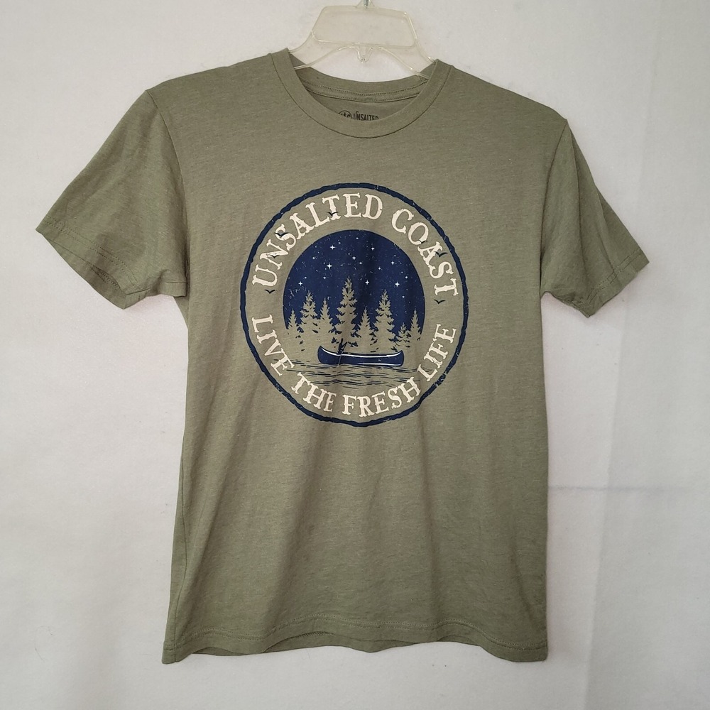 Unsalted Coast Graphic T-Shirt Mens Medium Olive Green Canoe Nature Tee Camping